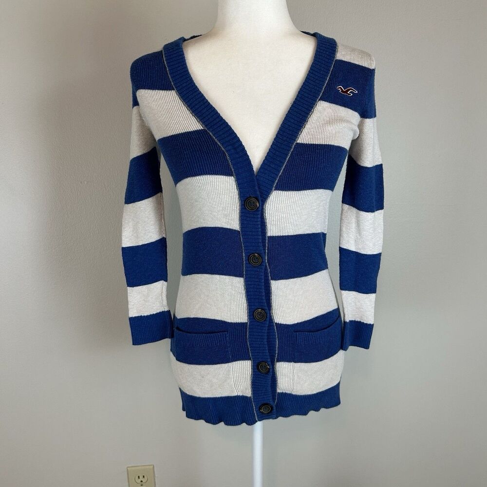 Hollister M Y2K 2000s Sweater Cardigan Top V-neck Stripe Logo Babydoll Long